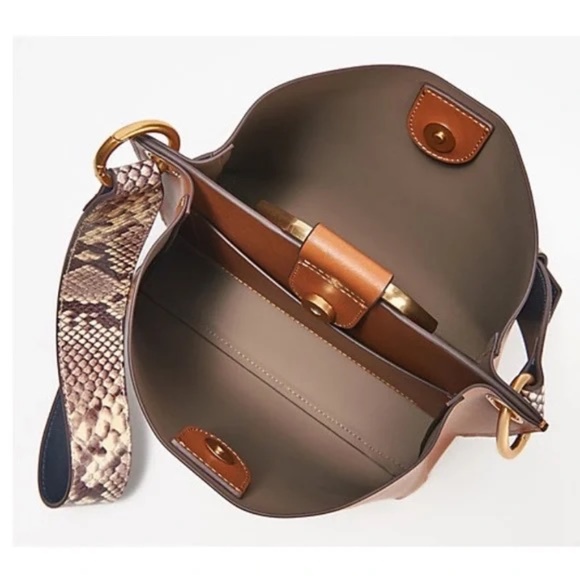 Thacker Brown Leather Bucket Bag with Snake Print Shoulder Strap - Picture 9 of 10